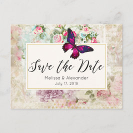 Rosa Schmetterling und Vintage Rose Save the Date Ankündigungspostkarte