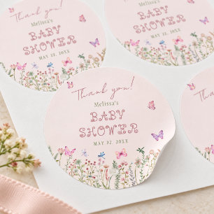 Rosa Schmetterling Wildblumen Baby Shower Favor Runder Aufkleber