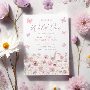 Rosa Schmetterling Wildblumen erster Geburtstag Einladung