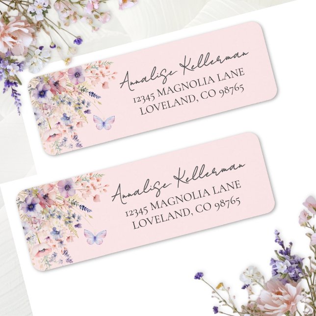 Rosa Schmetterling Wildblumen Rücksendeadresse (Pink Butterfly Wildflower Return Address Label)