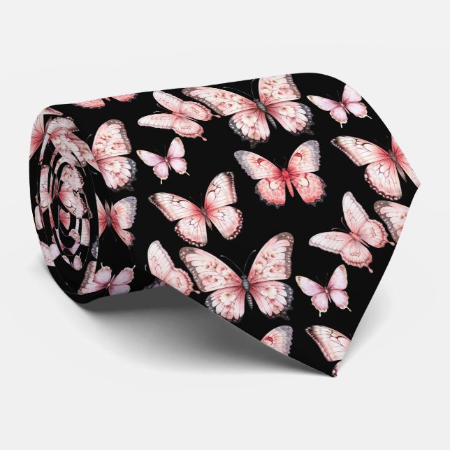 Rosa Schmetterlinge auf Black Neck Tie Krawatte (Gerollt)