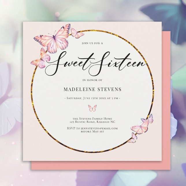 Rosa Schmetterlinge Boho Gold Frame Girly Sweet 16 Einladung (pink butterflies gold boho frame sweet sixteen birthday invitation girly trendy chic)
