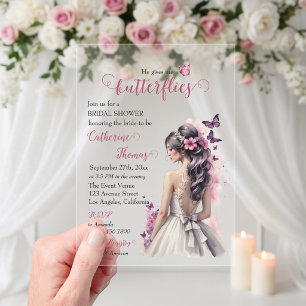 Rosa Schmetterlinge Florales Hochzeitskleid Brautp Acryleinladungen