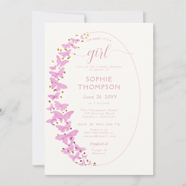 Rosa Schmetterlinge Frame Gold Chic Girl Baby Dusc Einladung (Vorderseite)