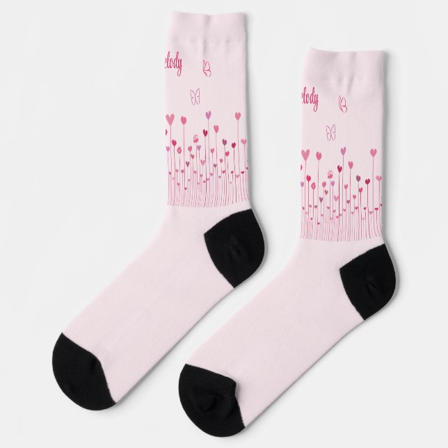 Rosa Schmetterlinge Herz und Blume Personalisiert Socken (Linkes Detail)