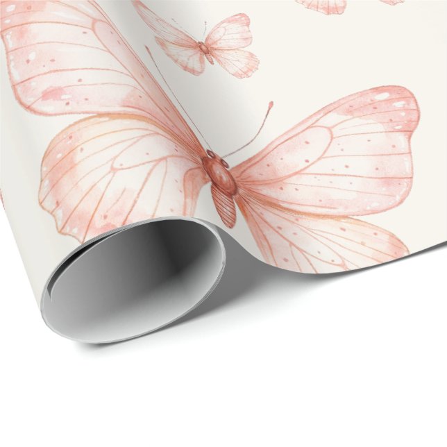 Rosa Schmetterlinge in Creme Geschenkpapier (Rolleneckpunkt)