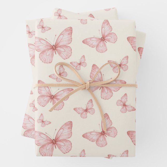 Rosa Schmetterlinge in Creme Geschenkpapier Set (Beispiel)