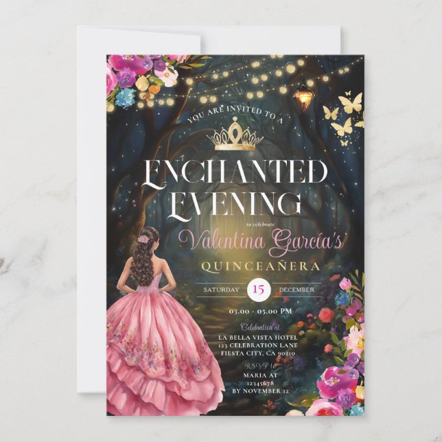 Rosa Schmetterlinge Quinceañera 15 Anos Blume Gold Einladung (Vorderseite)