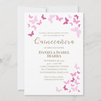Rosa Schmetterlinge Quinceañera Gold Lettern Einladung