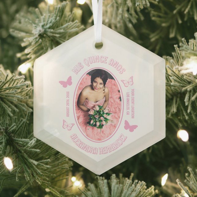 Rosa Schmetterlinge Quinceanera Ornament Aus Glas (Insitu)