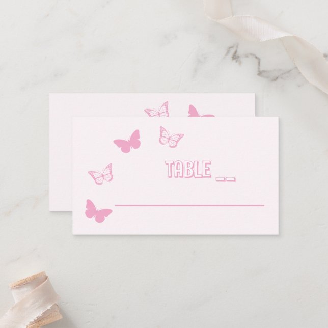 Rosa Schmetterlinge Quinceanera Platzkarte (Vorderseite/Rückseite Beispiel)