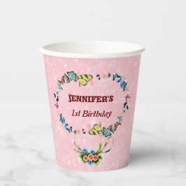 Rosa Schmetterlinge schwimmende Mädchen 1. Geburts Pappbecher