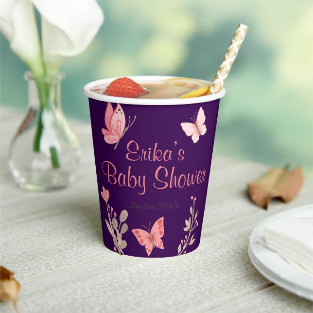 Rosa Schmetterlinge und Blume Lila Babydusche Pappbecher (In Situ)