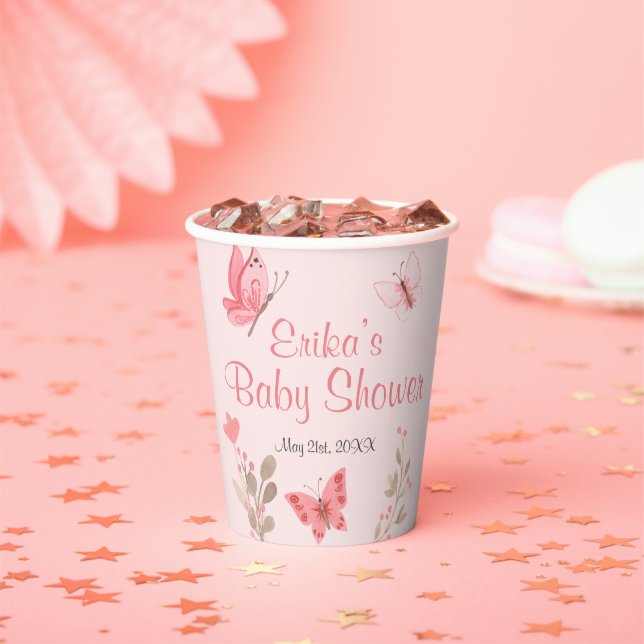 Rosa Schmetterlinge und Blume Soft Pink Baby Dusch Pappbecher (Insitu)