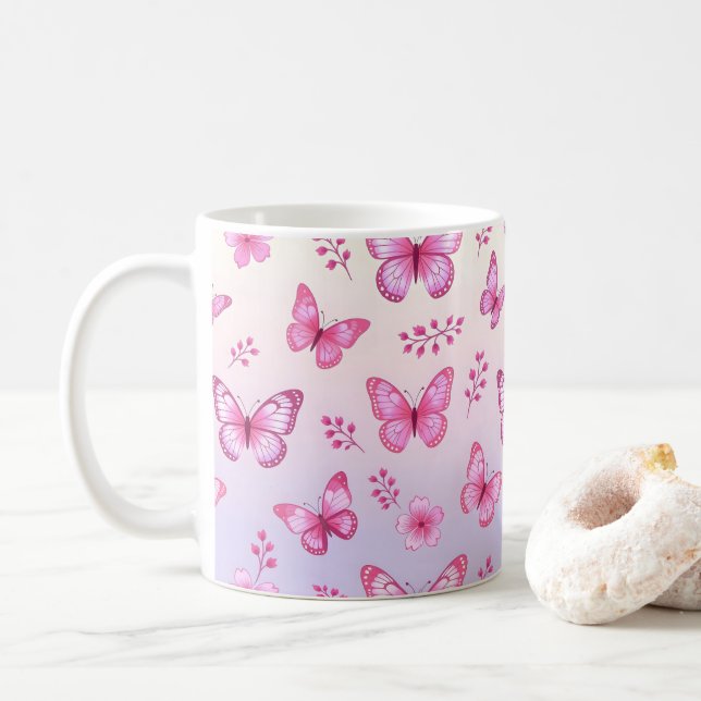 Rosa Schmetterlinge und Blumenmuster Kaffeetasse (Mit Donut)