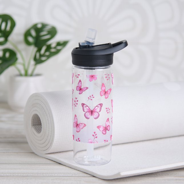 Rosa Schmetterlinge und Blumenmuster Trinkflasche (Yoga)