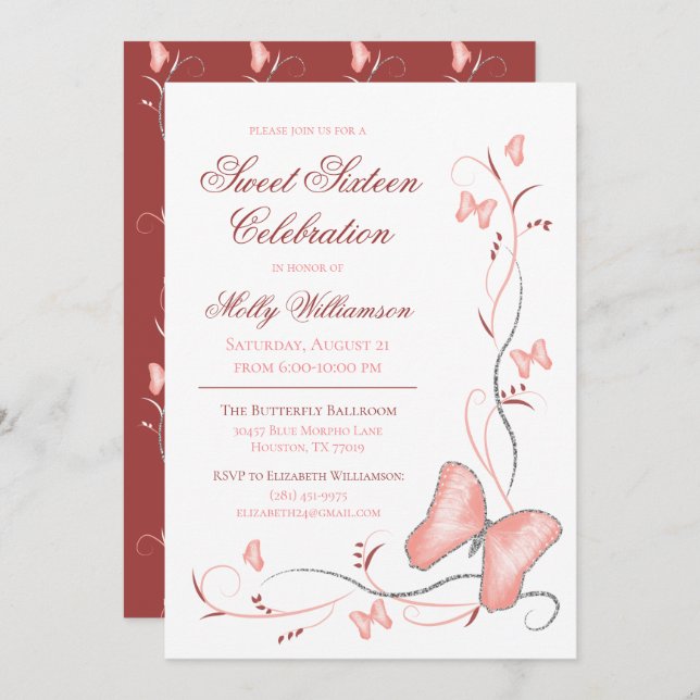 Rosa Schmetterlinge und Wirbel Süß 16 Einladung (Vorne/Hinten)