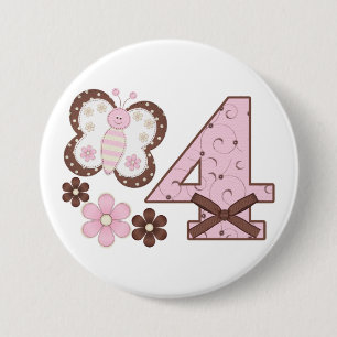 Rosa Schmetterlings-4. Geburtstags-Knopf Button