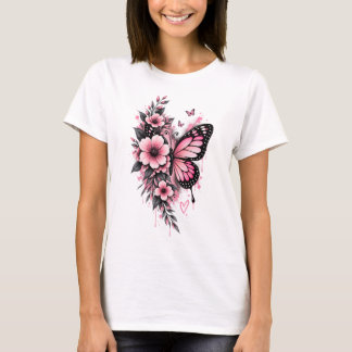 Rosa Schmetterlings-Blumen-T-Shirt | Weibliches Bl T-Shirt