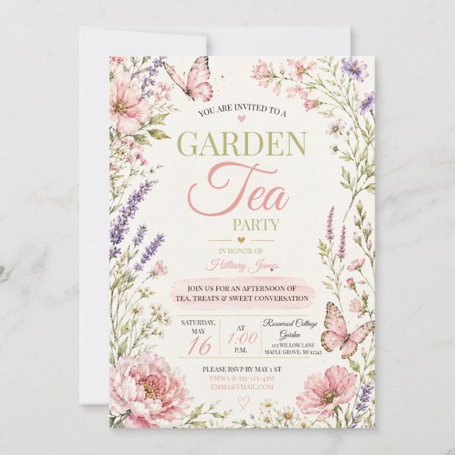 Rosa Schmetterlings-Garten-Teeparty Einladung (Vorderseite)