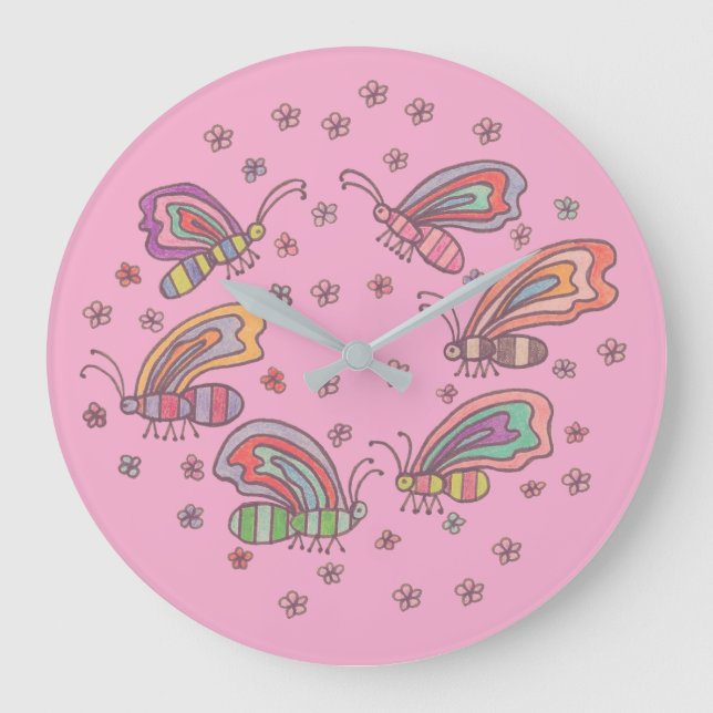 Rosa Schmetterlingsdame Große Wanduhr (Vorderseite)