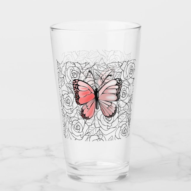 Rosa Schmetterlingsglas mit Rose Glas (Vorderseite)