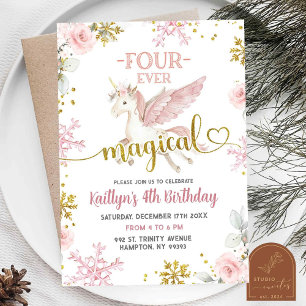 Rosa Schnee Magisches Einhorn Winter 4. Geburtstag Einladung