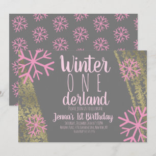 Rosa Schneeflocken-Folie-Script Erste Geburtstagsf Einladung
