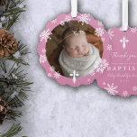 Rosa Schneeflocken Foto Wintertaufe Danke Ornament Karte<br><div class="desc">Schöne Wintertaufe danke Ihnen Ornamente in rosa mit Schneeflocken,  ein weißes Kreuz und ein Foto Ihres Babys.</div>