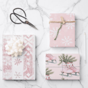 Rosa Schneeflocken Ice Skate Weihnachten Geschenkpapier Set