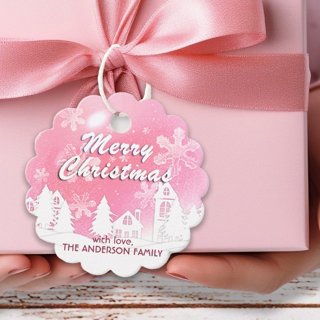 Rosa Schneeflocken im Weißen Haus Weihnachten Glüc Geschenkanhänger (Von Creator hochgeladen)