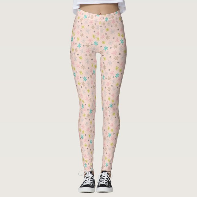 Rosa Schneeflocken Türkisblaue Limette Grün Grau Leggings (Vorderseite)