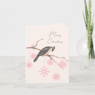 Rosa Schneeflocken und graue Singvogel-Weihnachtsk Feiertagskarte
