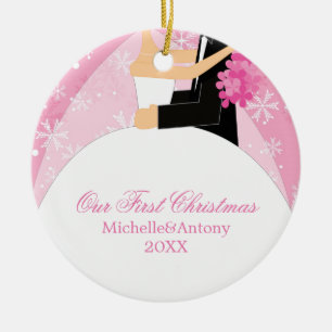 Rosa Schneeflocken "Unser erstes Weihnachten" Keramik Ornament