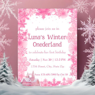 Rosa Schneeflocken-Winter-Onederland-Party Einladung