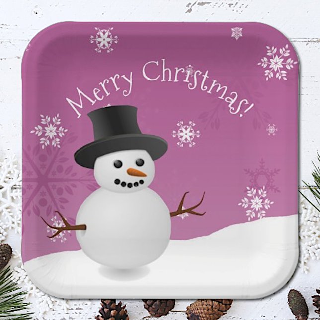 Rosa Schneemann Winterlandschaft Weihnachtsgebäck Pappteller (Pink Snowman Winter Scenery Christmas Paper Plates)