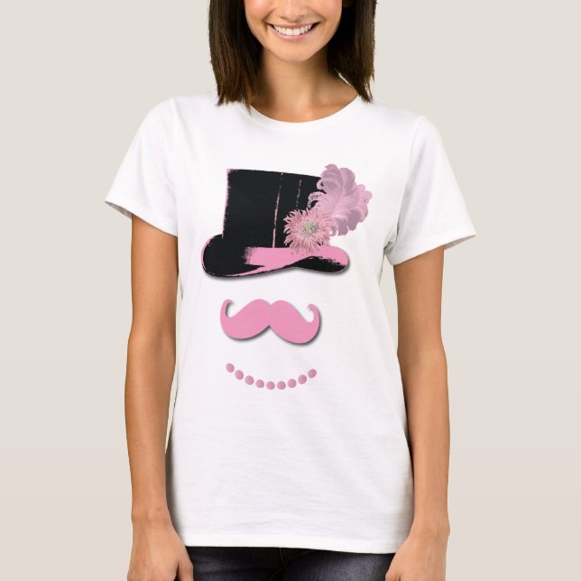 Rosa Schnurrbart, Oberhut, Federn und Blume T-Shirt (Vorderseite)