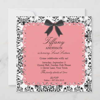 Rosa Schnürsenkel & BW Damask mit Bow Sweet 16 Einladung