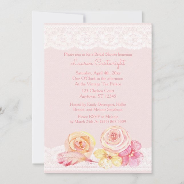 Rosa Schnürsenkel und Blume Brautparty Einladung (Vorderseite)
