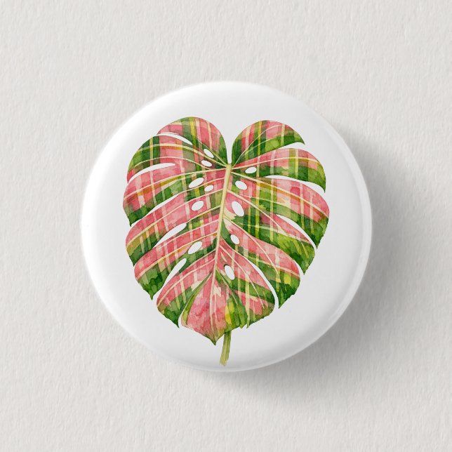 Rosa schottischer Monstera-Tartan Wasserfarbe Bota Button (Vorderseite)