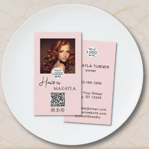 Rosa Schrift-Logo QR Code Foto Haarstylist Visitenkarte