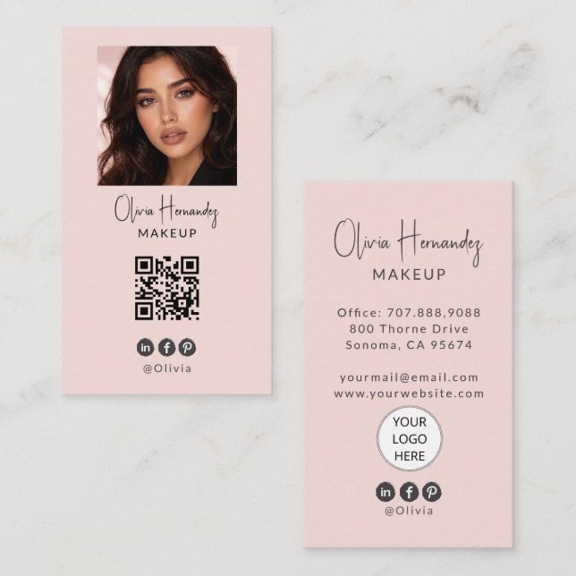 Rosa Schrift-Logo QR-Code Foto Make-up Visitenkarte (Vorne/Hinten)