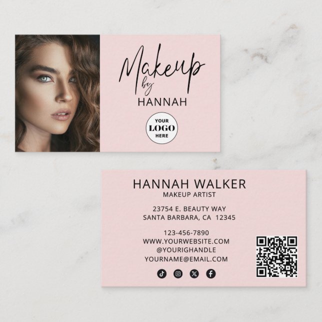Rosa Schrift-Logo QR-Code Foto-Make-up Visitenkarte (Vorne/Hinten)