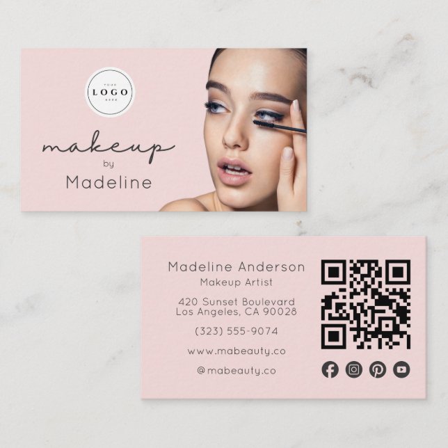 Rosa Schrift-Logo QR-Code Foto Make-up Visitenkarte (Vorne/Hinten)