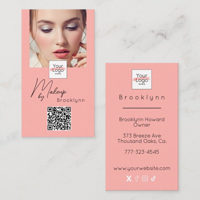 Rosa Schrift-Logo QR-Code Foto Make-up Visitenkarte (Vorne/Hinten)