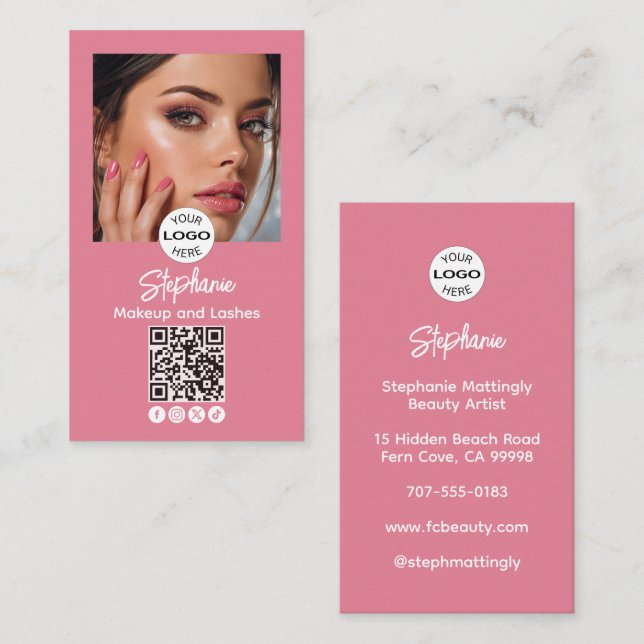Rosa Schrift-Logo QR-Code Foto Make-up Visitenkarte (Vorne/Hinten)