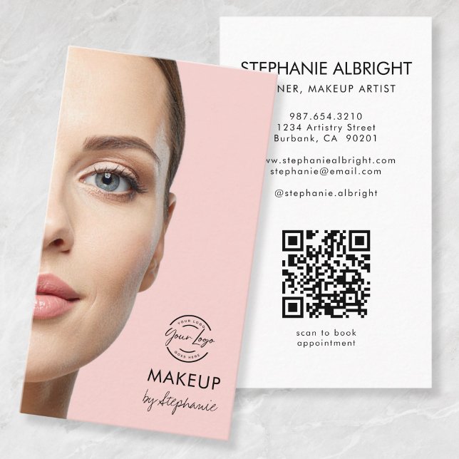 Rosa Schrift-Logo QR-Code Foto Make-up Visitenkarte (Von Creator hochgeladen)