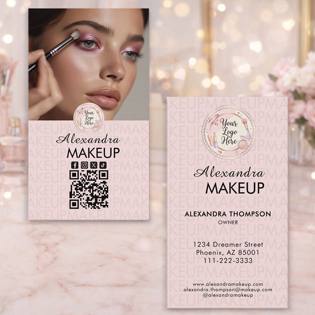 Rosa Schrift-Logo QR-Code Foto Make-up Visitenkarte (Von Creator hochgeladen)