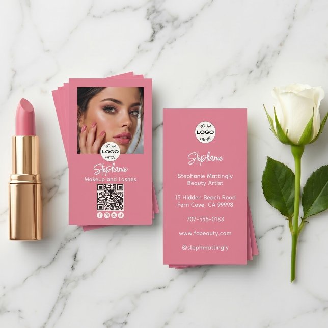 Rosa Schrift-Logo QR-Code Foto Make-up Visitenkarte (Von Creator hochgeladen)