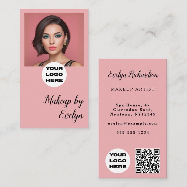 Rosa Schrift-Logo QR-Code Foto Make-up Visitenkarte (Vorne/Hinten)